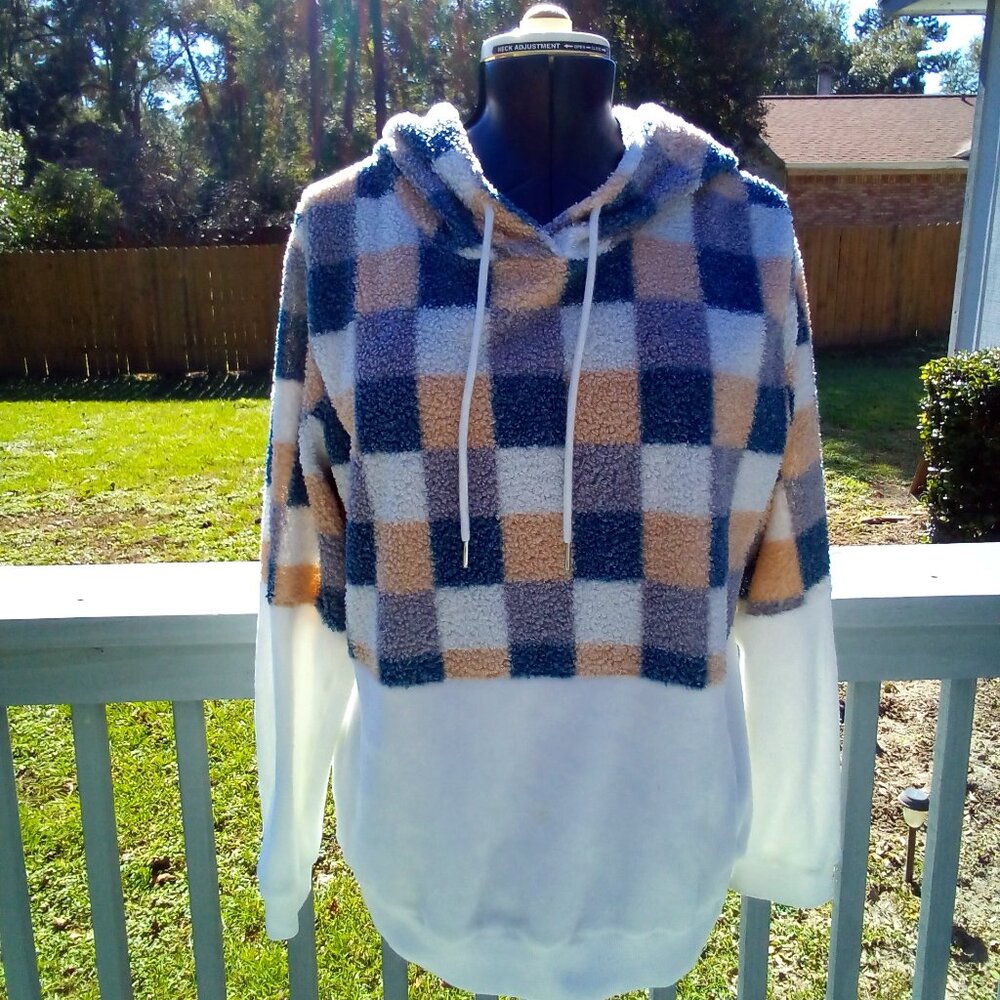 Women Plaid Drawstring Long Sleeve Hoodie, Color Multi color , Size XL